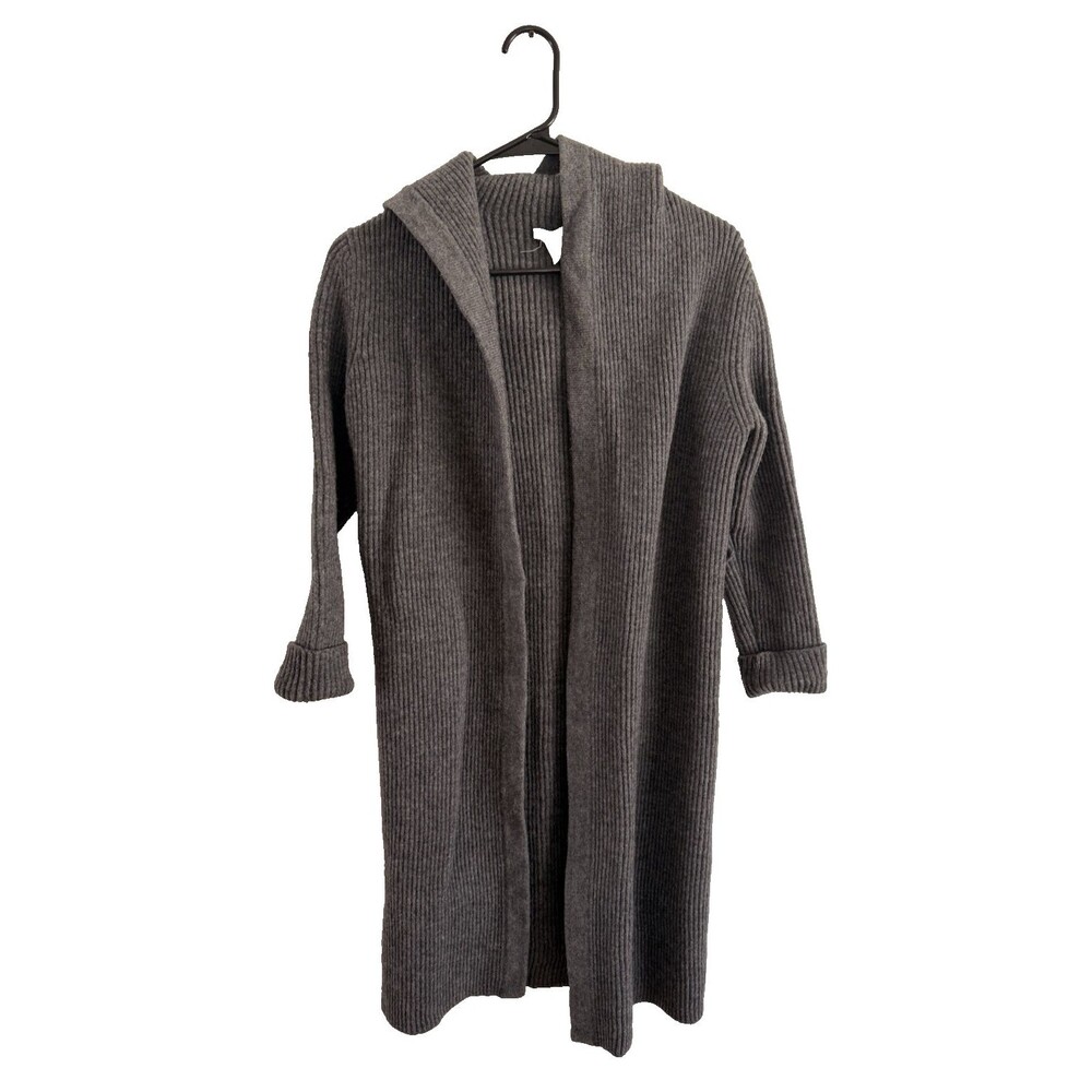 J Crew 100% Wool Hooded Ribbed Duster Cardigan Size L Gray Long Knit Sweater